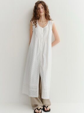 NWT Dunst Needlework Babydoll Dress White Cotton Midi Sz Small Romantic